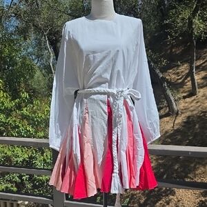 NEW $445 RHODE WHITE ELLA FLOWY COTTON MINI DRESS W/PNK & RED BLOCK HEM SIZE L